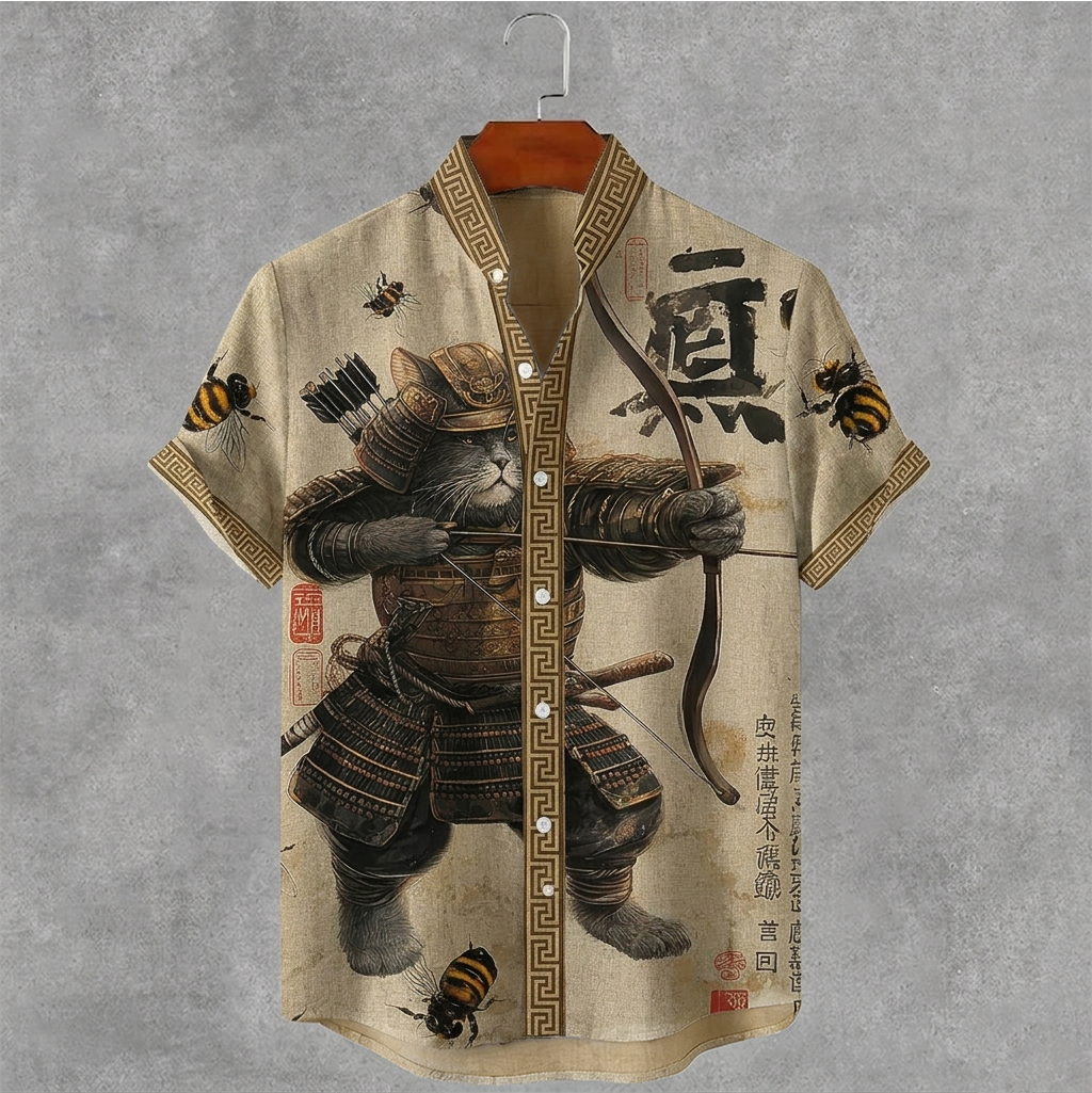 Comstylish Men's Black Cat Tribal Warrior Japanese Kyudo Print Short Sleeve Shirt