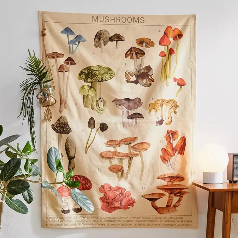 Psychedelic Mushroom Tapestry Wall Decor Mycology Mushroom Champignon Identification Chart Diagram Illustration Wall Decoration