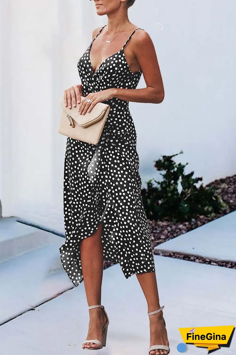 Print Floral Dot V Neck Dress