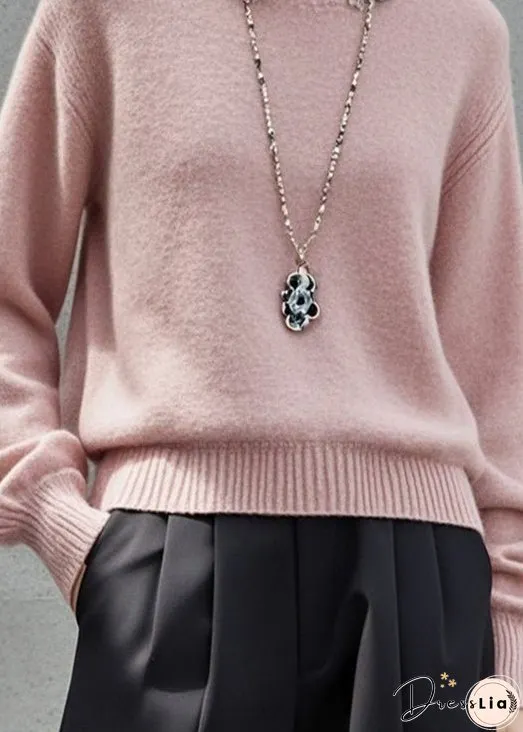 Simple Light Pink Stand Collar Patchwork Knitted Tops Fall