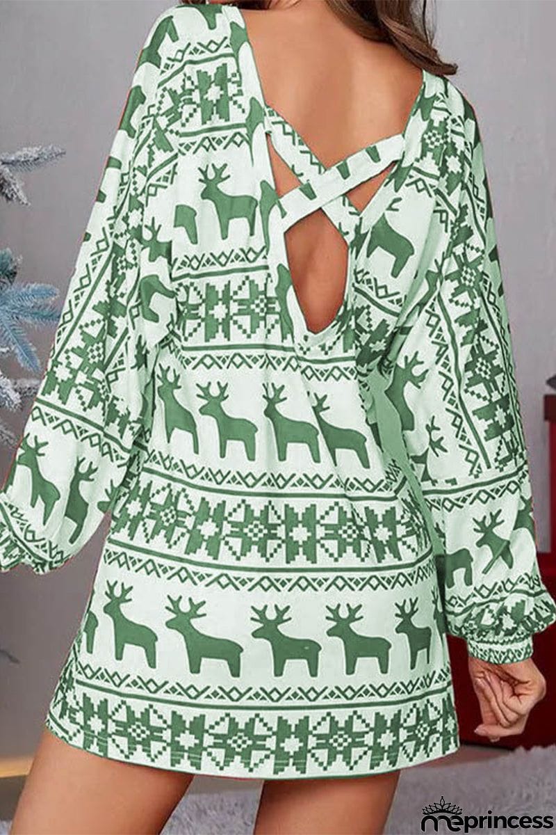 Elegant Wapiti Snowflakes Printing O Neck Printed Dress Dresses