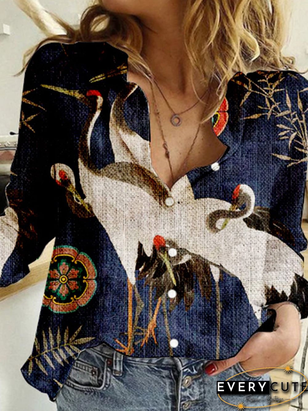 Stand Collar Long Sleeve Floral-Print Blouse