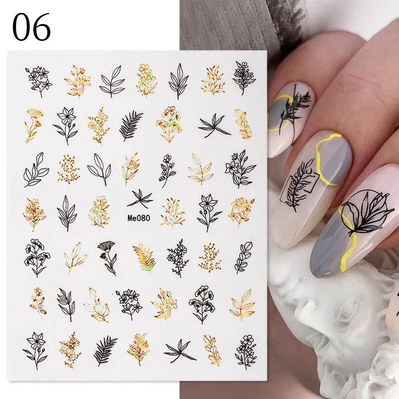 1 Pc 3D Nail Stickers Leaves Sliders for Nails Gold White Bronzing Flowers Gradient Adhesive Sticker Nail Design Art Decorations-Nail Inspo