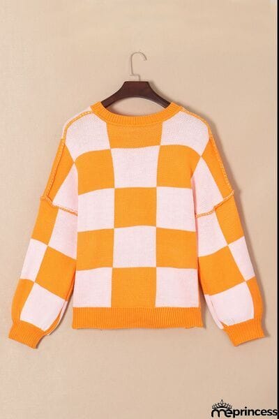 Checkered Exposed Seam Drooped Shoulder Sweater