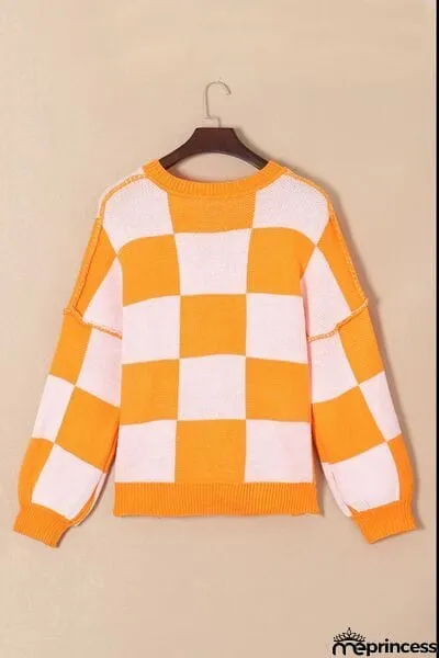 Checkered Exposed Seam Drooped Shoulder Sweater
