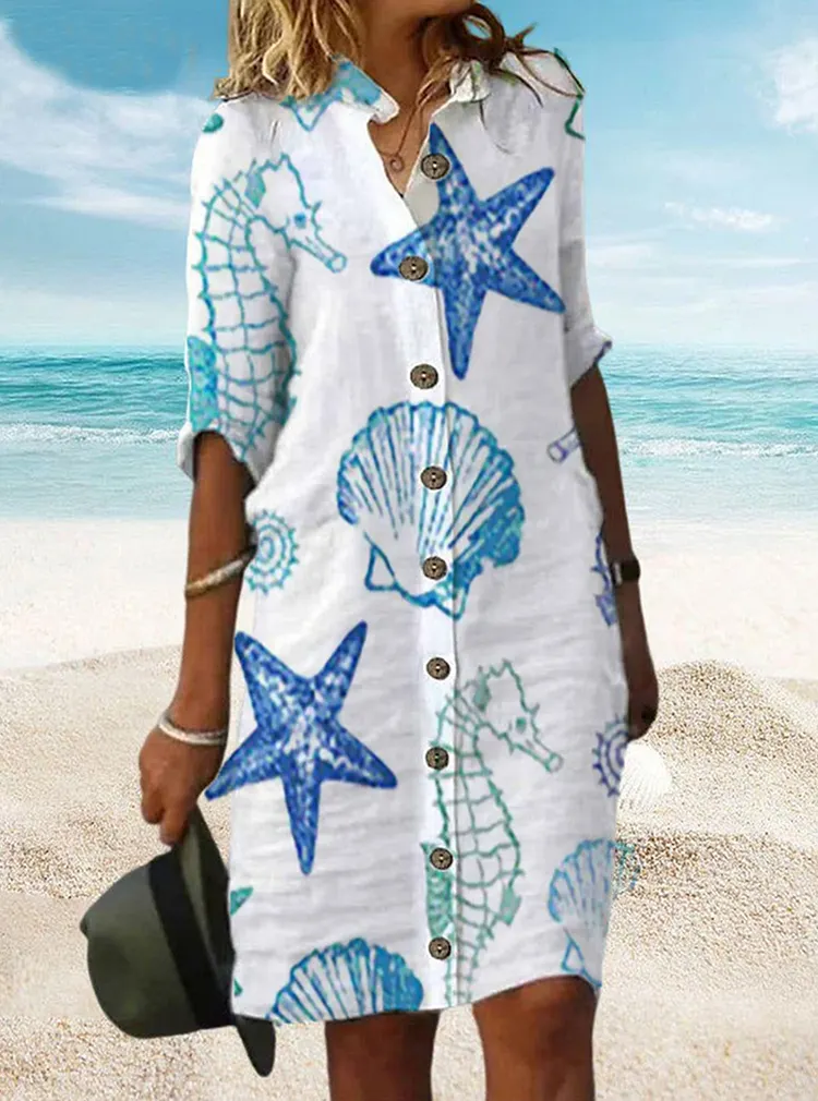 A-Line Turtle Ocean Sea Star  Printed Buttoned  Dress