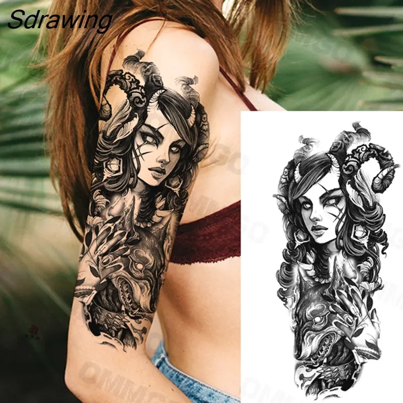 Sdrawing Realistic Rose Flower Skeleton Temporary Tattoos For Women Adult Peony Geometric Fake Tattoo Body Art Half Sleeve Tatoo Paper