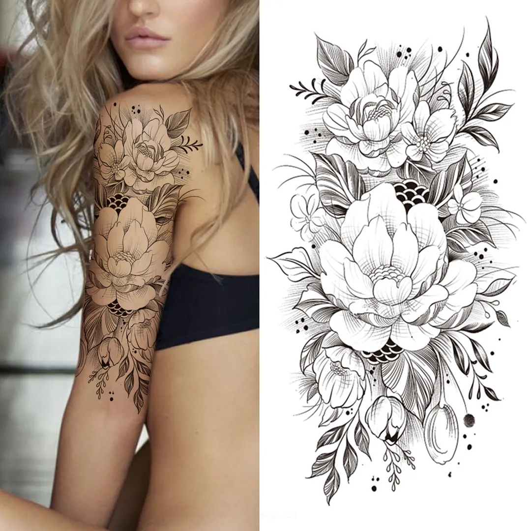 Realistic Fake Peony Temporary Tattoos For Women Girl Black Rose Elephant Flower Tattoo Sticker Tiger Anemone Tatoos Half Sleeve 515-1
