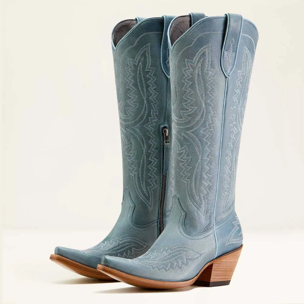 Women's Blue Embroidered Knee High Cowgirl Boots with Side Zipper