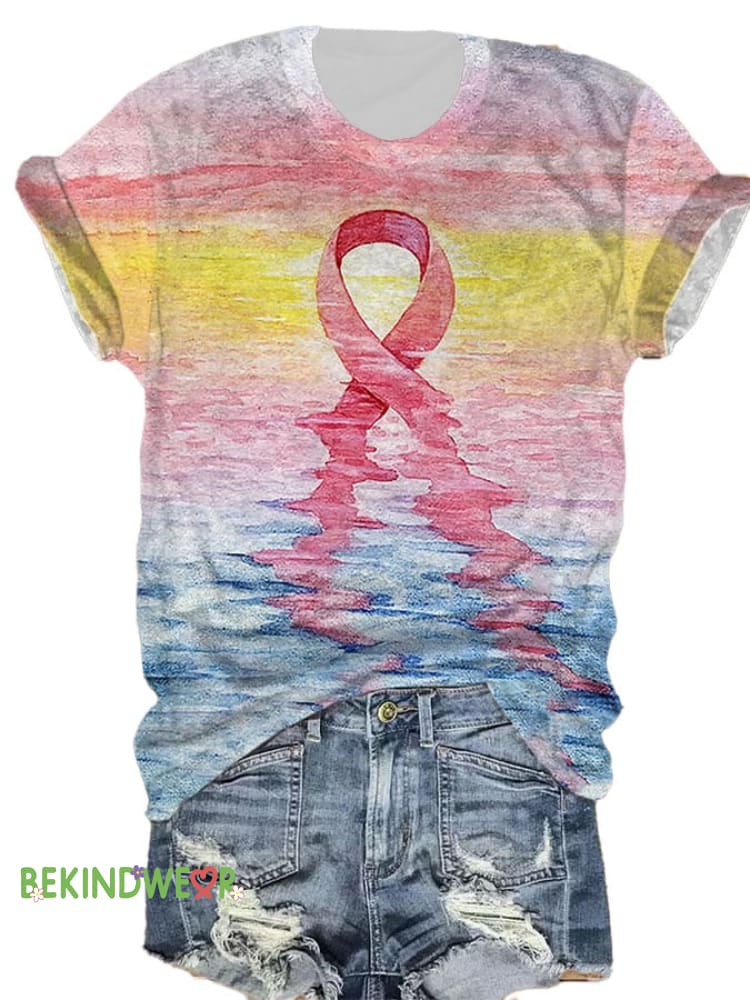 Women&rsquo;s Casual Pink Ribbon Breast Cancer Art Print Short Sleeve T-Shirt Picture 1 / S