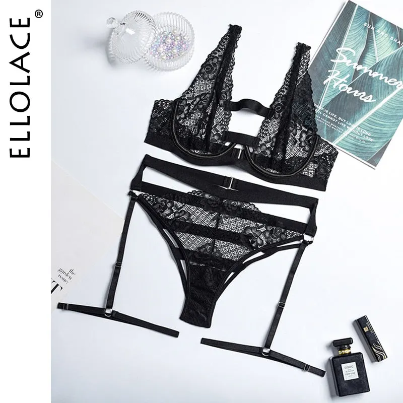 Ellolace Lingerie Sexy Lace Erotic Sets Hollow Out Deep-V Bra G-Strings Thongs Short Skin Care Kits Exotic 2-Piece Underwear