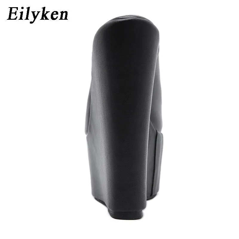 Eilyken Platform Wedge Round head Pumps Slippers Black Summer Shoes Woman Sexy Super High Sandal Slippers Black 35-42