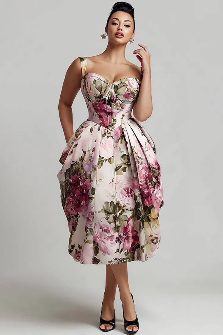 Xpluswear Design Plus Size Cocktail Party Pink Floral Sweetheart Neck Pleated Pocket Satin Midi Dresses 2024 - Xpluswear