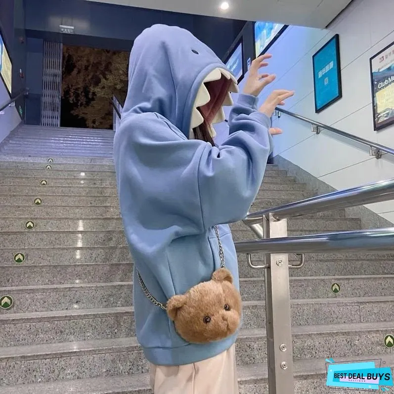 EOENKKY Funny Shark Patchwork Hoodies Women Autumn Kawaii Sweatshirt Oversized Casual Long Sleeve Pullover Woman Sweatshirt