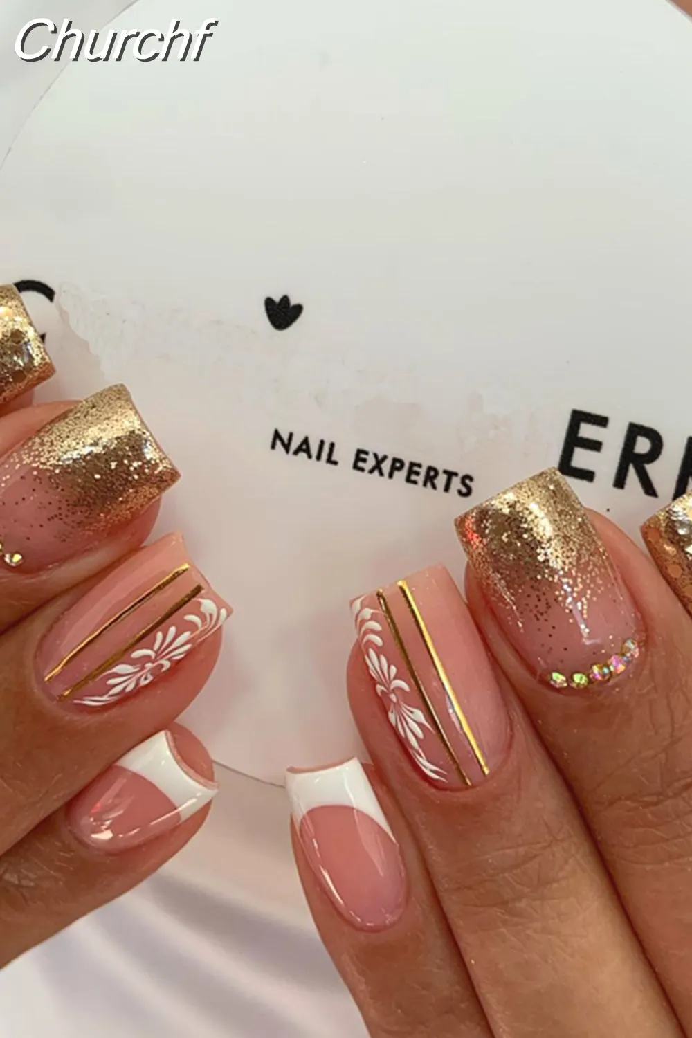 Churchf Nail Full Cover Fake Nail Pink Glitter Wearable French Short Nails Square Head False Nail Press On Nails Manicure Tool 715-1-Nail Inspo