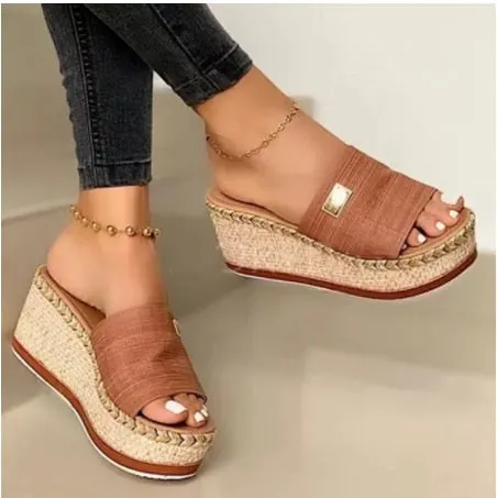 Women Sandals Heeled Slippers Ethnic Flower Sandals Female Summer Shoes Casual Beach Shoes Flip Flop Chaussures Femme Platform
