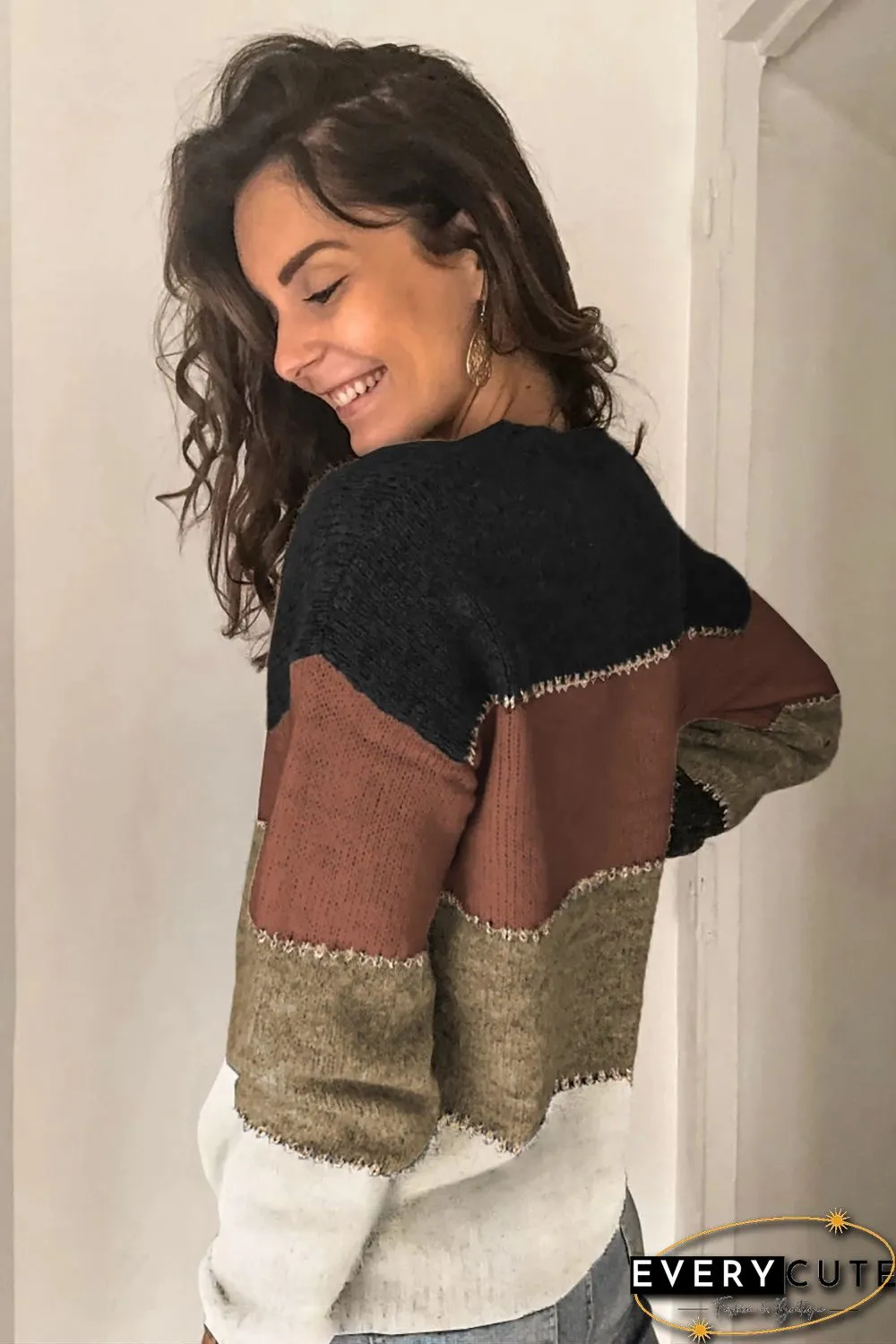 Multicolor V Neck Buttoned Closure Colorblock Sweater Cardigan