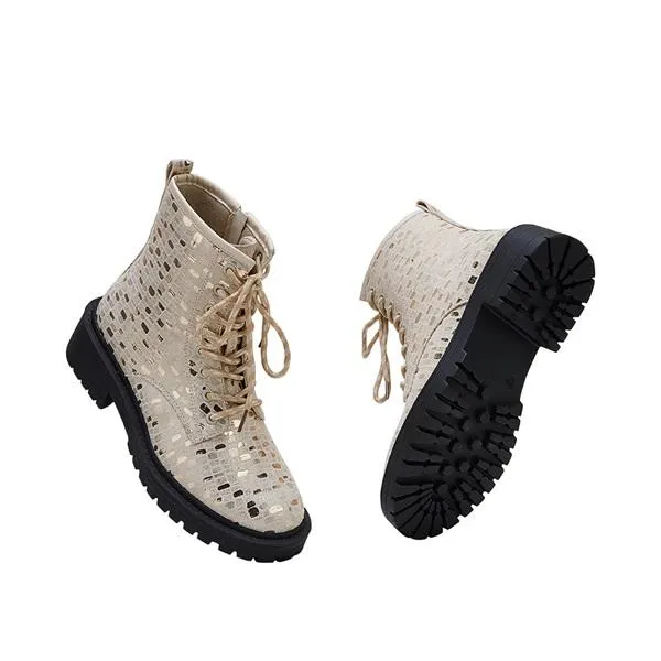 Women Sexy Sequin Lace-Up Ankle Chunky Heel Boots