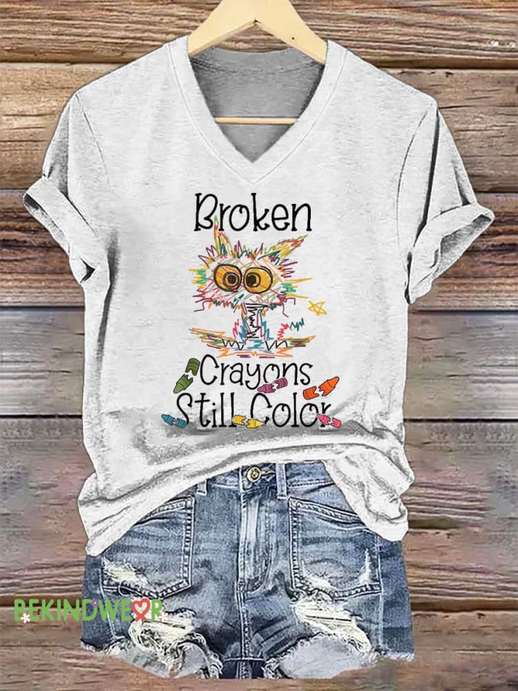 Women&rsquo;s Broken Crayons Still Color V-neck Casual T-Shirt White / S