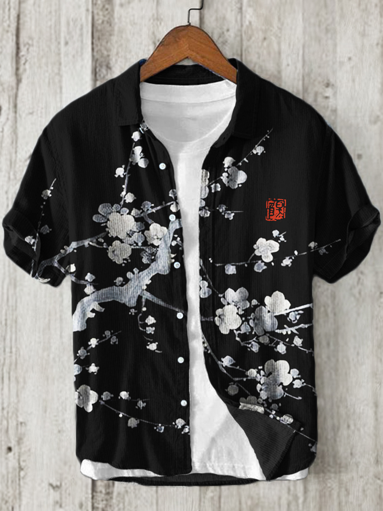 Plum Blossom Japanese Art Linen Blend Shirt  artssus