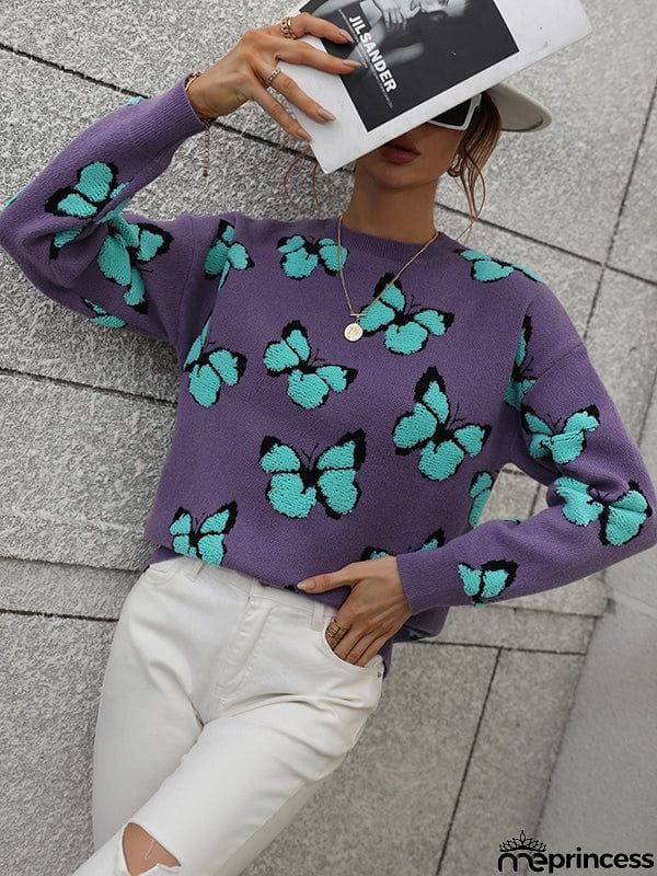 Original Long Sleeves Loose Butterfly Print Contrast Color Round-Neck Sweater Tops