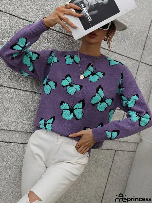 Original Long Sleeves Loose Butterfly Print Contrast Color Round-Neck Sweater Tops