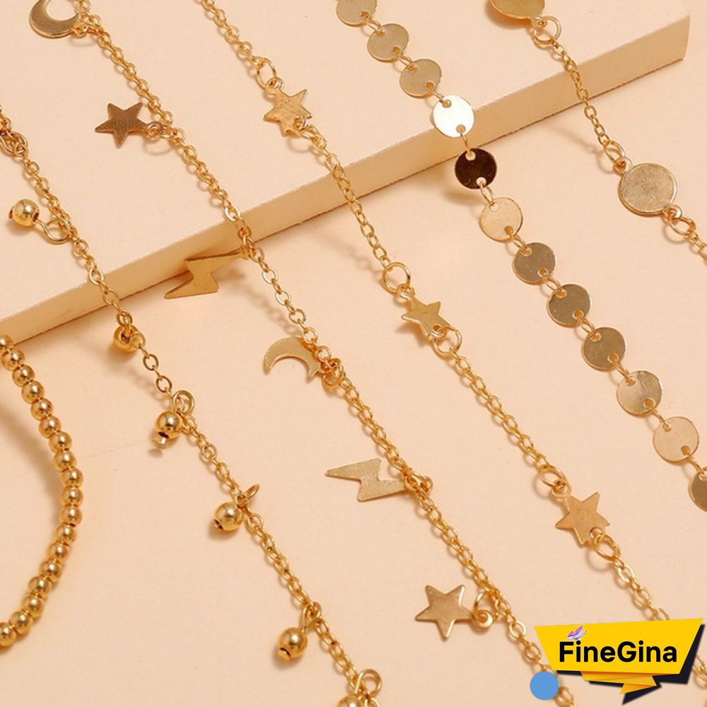 6 Pcs/Set Vintage Gold Color Anklet Women Lightning Star Moon Sequins Bracelet Boho Ankle Bracelet Foot Jewelry