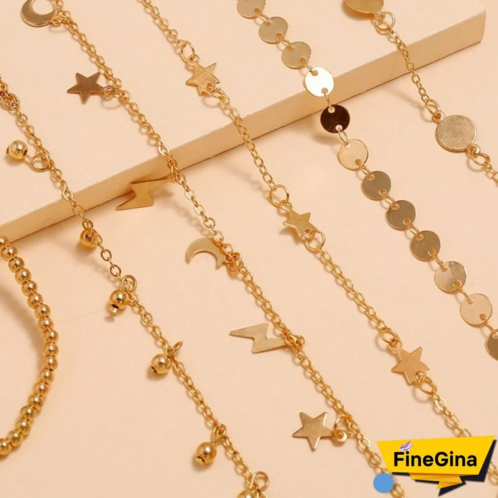 6 Pcs/Set Vintage Gold Color Anklet Women Lightning Star Moon Sequins Bracelet Boho Ankle Bracelet Foot Jewelry