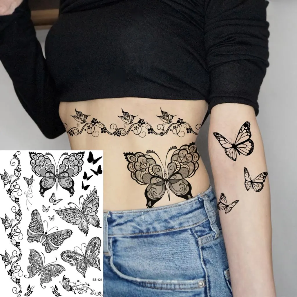 Black Rose Flower Sexy Temporary Tattoos For Women Adult Thigh Peony Skull Realistic Fake Tattoo Sexy Washable Tatoos Sticker