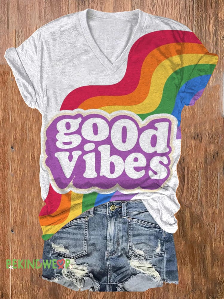 Good Vibes Rainbow Print Casual V-Neck Short Sleeve T-Shirt Multicolor / S
