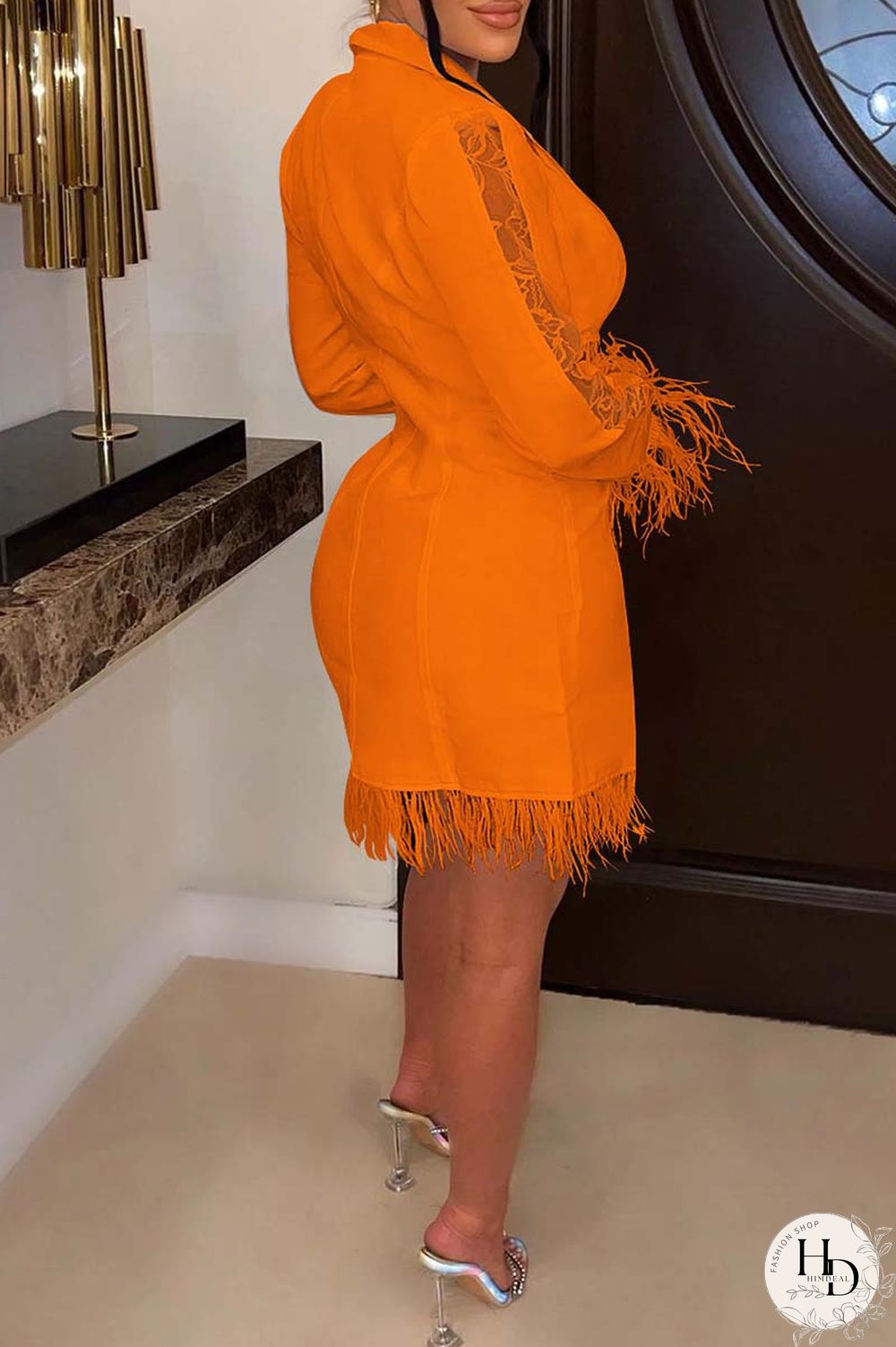 Orange Casual Solid Patchwork Turn-back Collar Long Sleeve Dresses