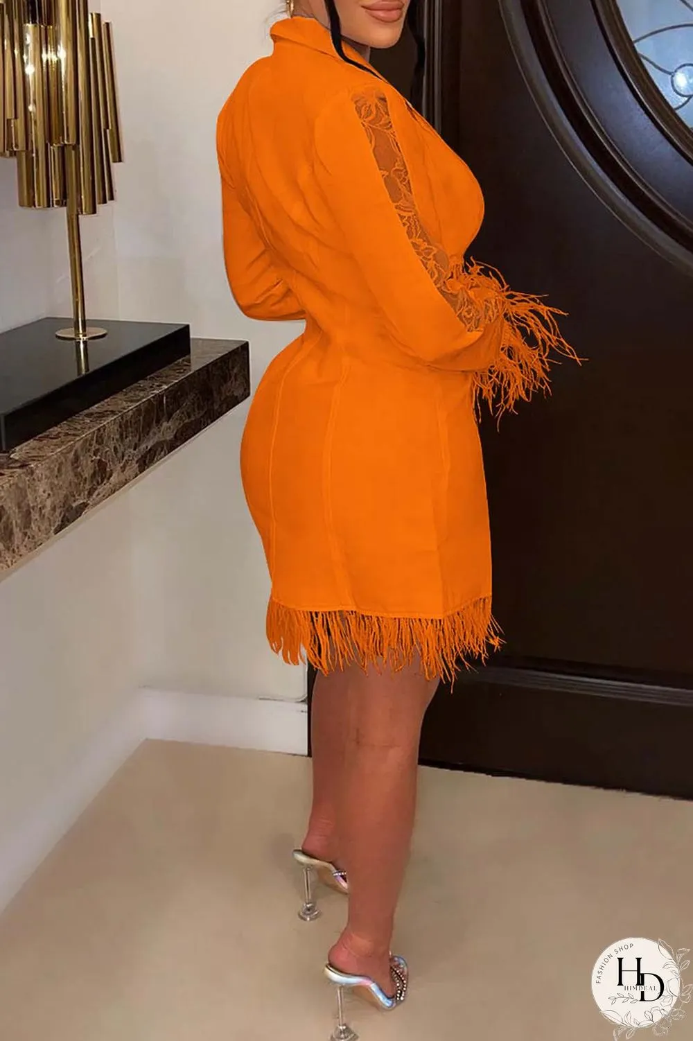 Orange Casual Solid Patchwork Turn-back Collar Long Sleeve Dresses