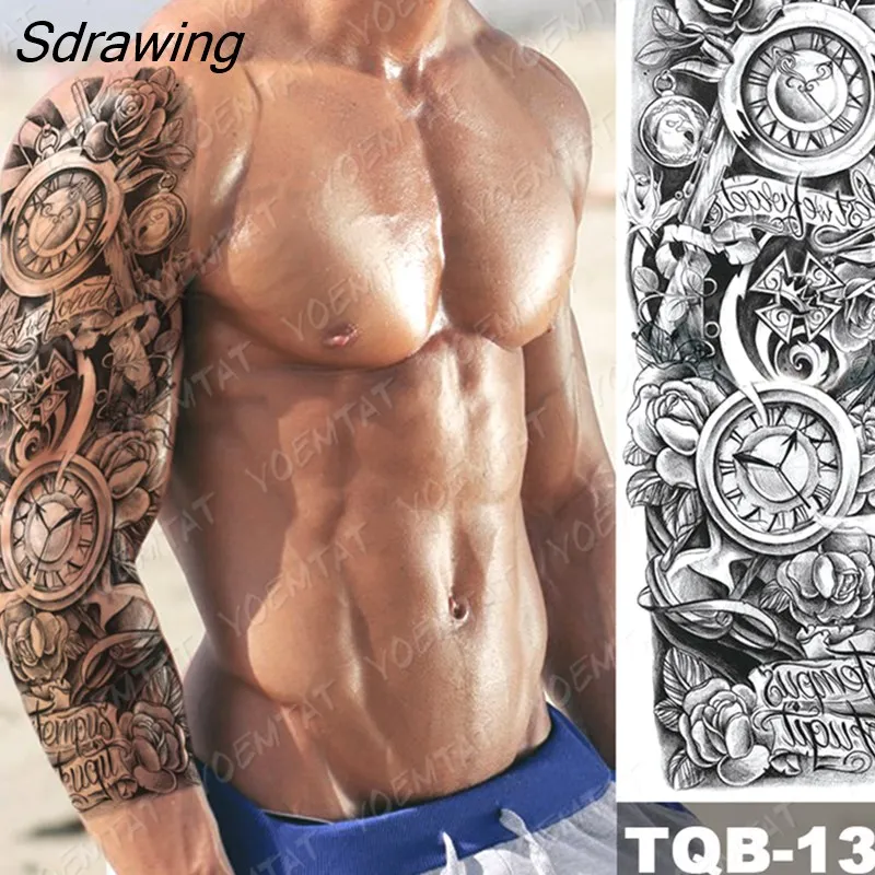 Sdrawing Arm Sleeve Tattoo Tiger Lion Wolf Owl Waterproof Temporary Tatto Sticker Crown Warrior Body Art Full Fake Tatoo Men Women