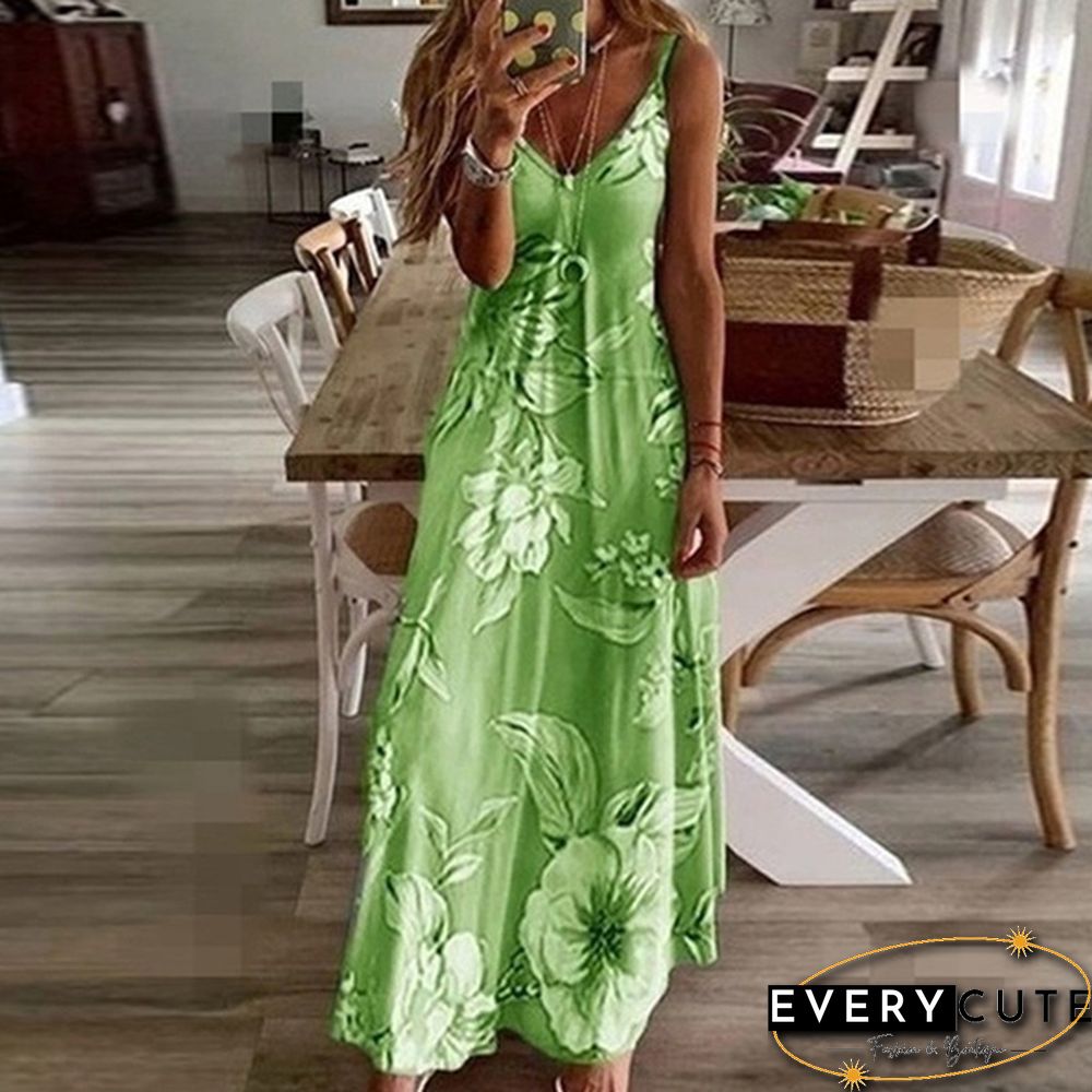 Women's Fashion Summer Sleeveless Floral Printing Sling Dress Deep V-Neck Slim Fit Big Swing Skirts Loose Casual Long Maxi Dresses Ladies Plus Size Party Dresses