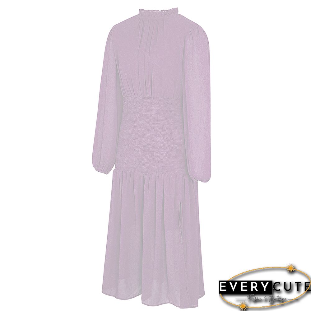 Pink Ruffle Detail Pleated Chiffon Midi Dress