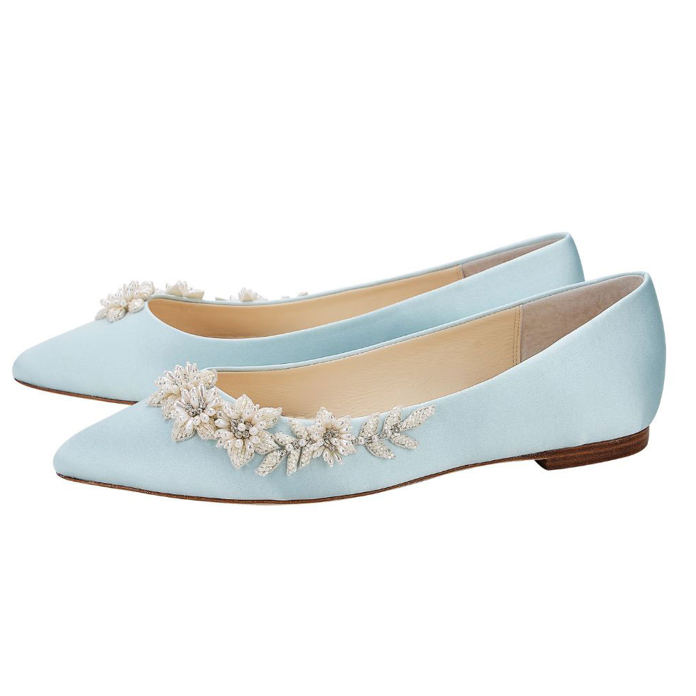 Blue Satin Pointed Toe Pearl Floral Embellished Wedding Flats Nicepairs
