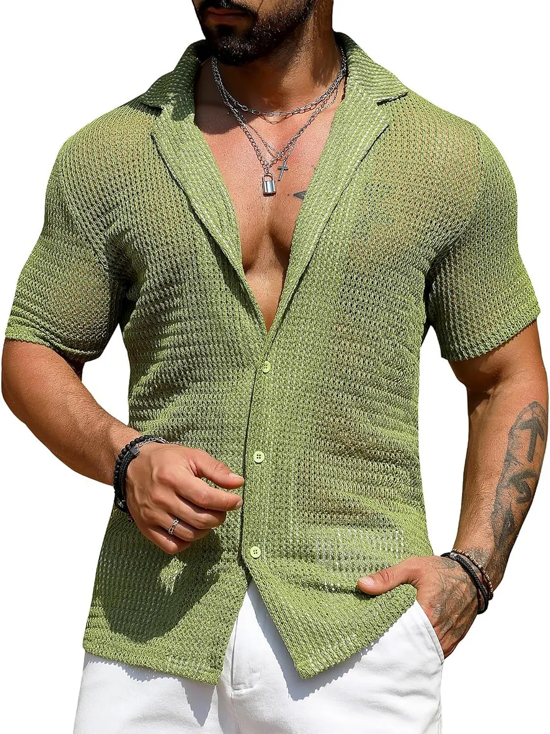 Brownm Brownm Men's Summer Cool Shirt Men's Casual Knit Hollow Out Breathable Short Sleeved Lapel Fashion Men's Wear