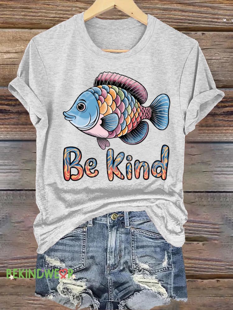 Little Fish Be Kind Printed Casual Round Neck Short Sleeve T-Shirt White / S