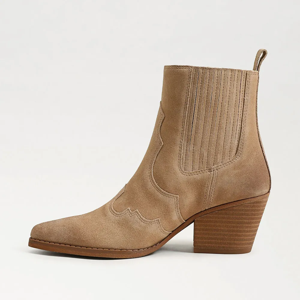 YDN Tan Mid Chunky Heel Comfortable Stitching Pointed Toe Boots