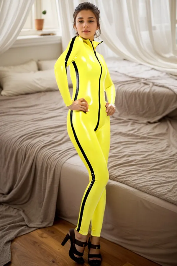 Women Latex Catsuits Killing Bill Yellow Black Zipper Cosplay 