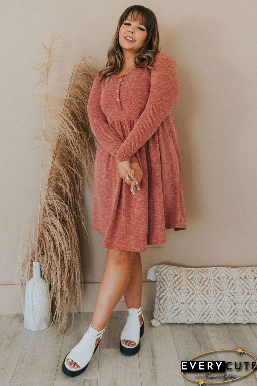 Plus Size Mineral Washed Ribbed Henley Dress
