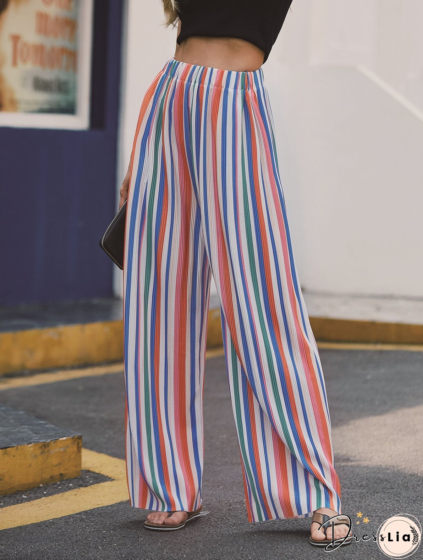 Pants colorful striped trousers loose high waist, slim, versatile slacks, wide legs