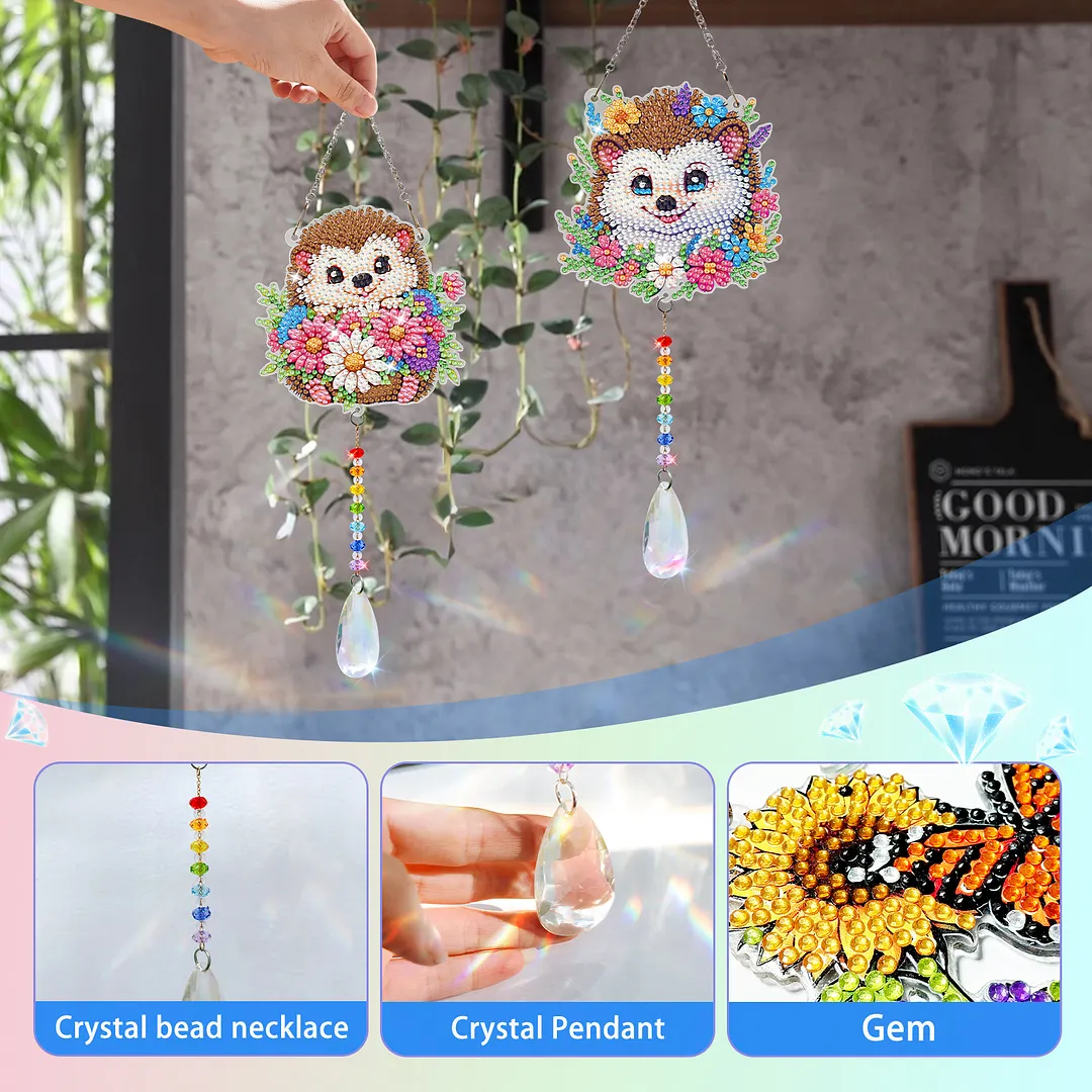2Pcs Hedgehog DIY Double-Sided Diamond Painting Hanging Kits Diamond Painting Suncatcher Craft Kit for Home Garden Wall Decor Gift
