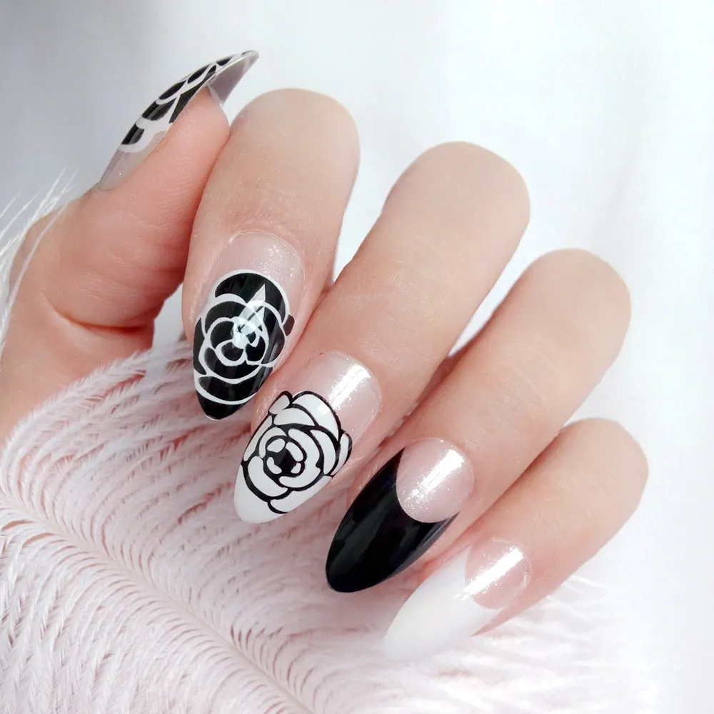 24Pcs French Short Stiletto False Nail Black White Rose Artificial Fake Nails With Design Lady DIY Finger Tip Manicure Tools-Nail Inspo
