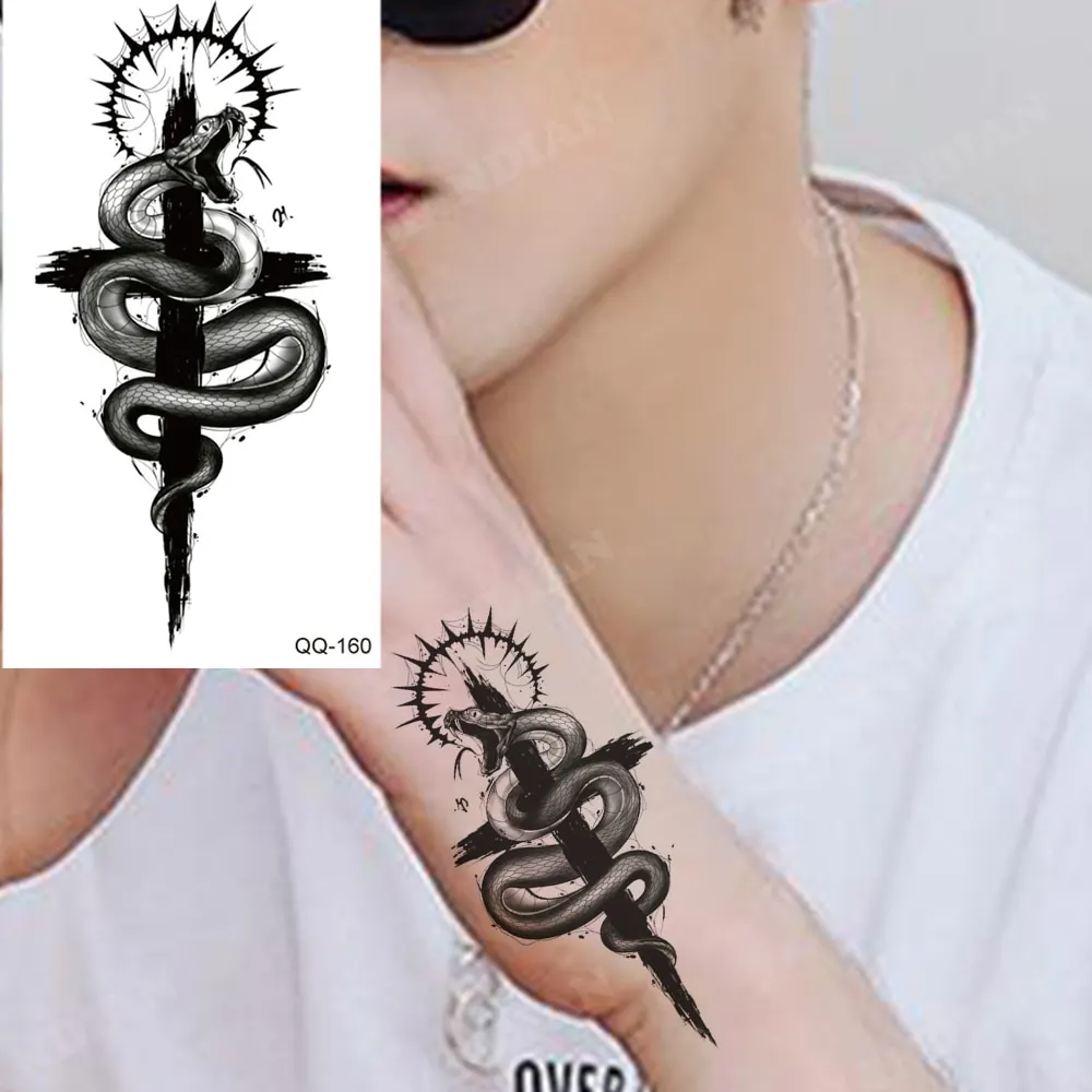 Sdrawing Temporary Tattoo Stickers Butterfly Snake Rose Flower Gun Dark Flash Small Women Body Art Wrist Neck Fake Tattoos Men