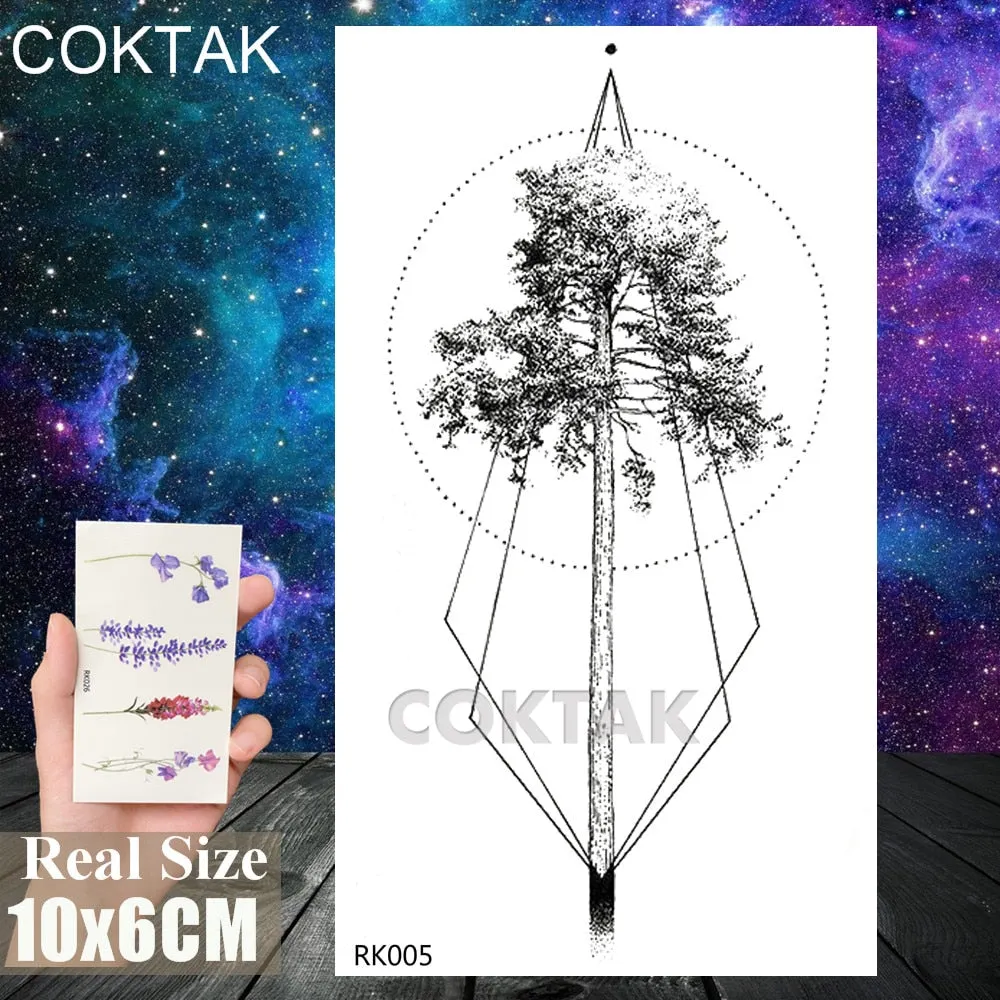 Geometry Pine Tree Temporary Tattoos Sticker Black Mountain Moon Water Transfer Tattoo For Men Body Art Washable Beauty Tatoos