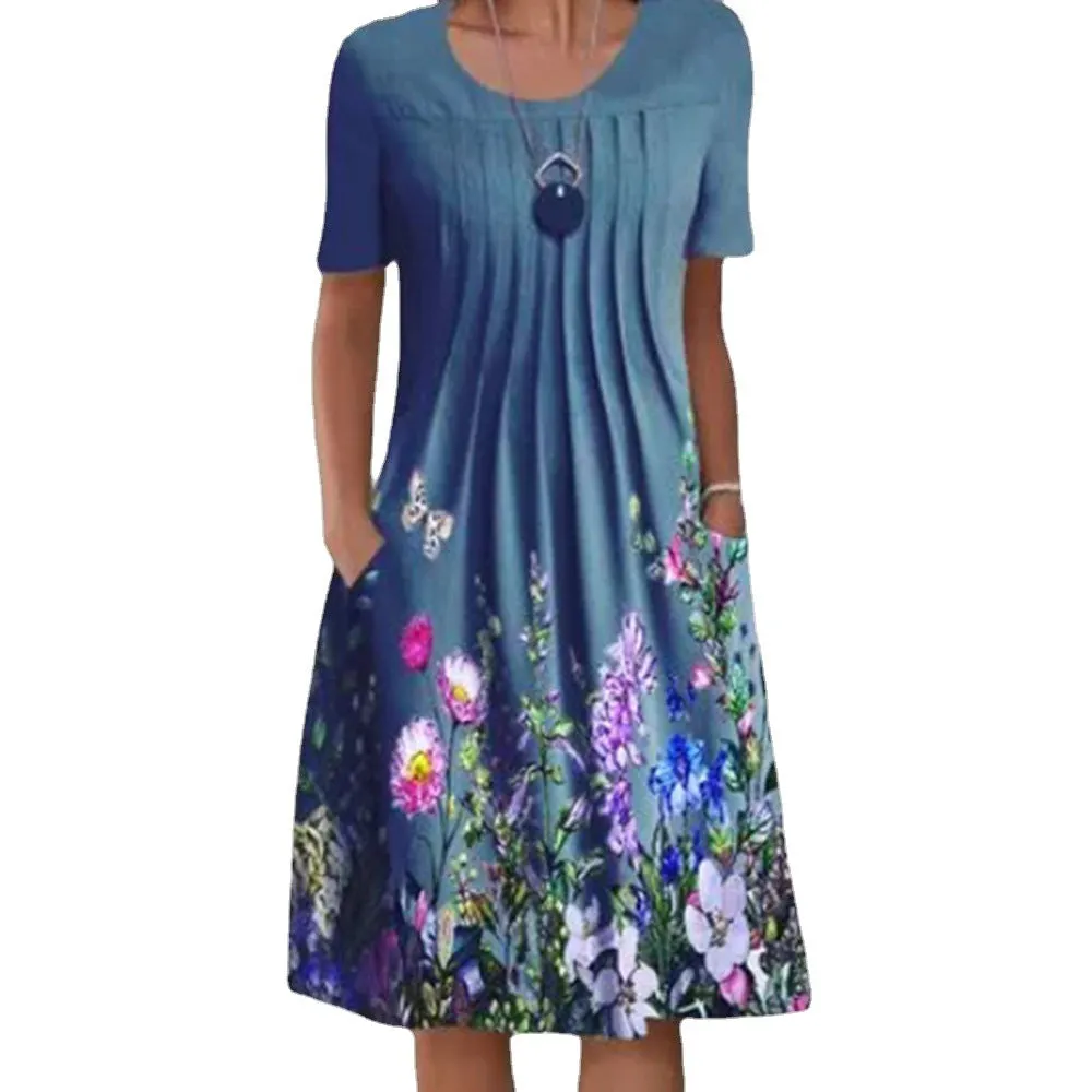 Brownm Floral Print Round Neck Pocket Mid-length Dresses