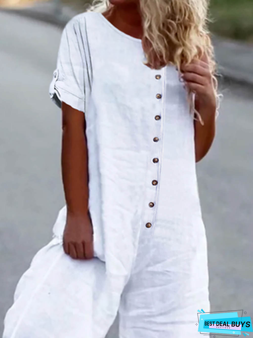 Women's Fashion Short Sleeve Loosen Jumpsuit Rompers Slacks Wide Leg Full Length Pants Button