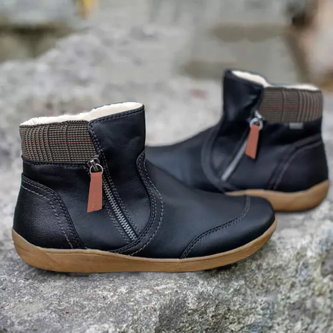 Women's Boots Plus Size Ladies Autumn Winter Vintage Splicing Round Toe Plus Velvet Zip Up Short Ankle Boots Warm Shoes Mujer
