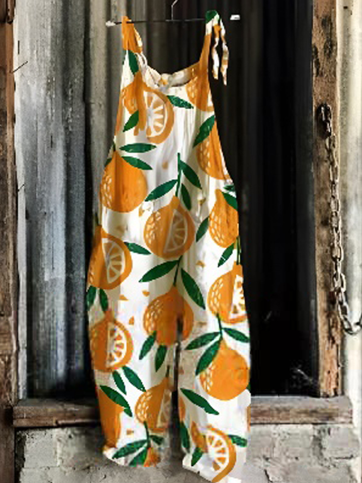 Women's Orange Print Loose Casual Jumpsuit